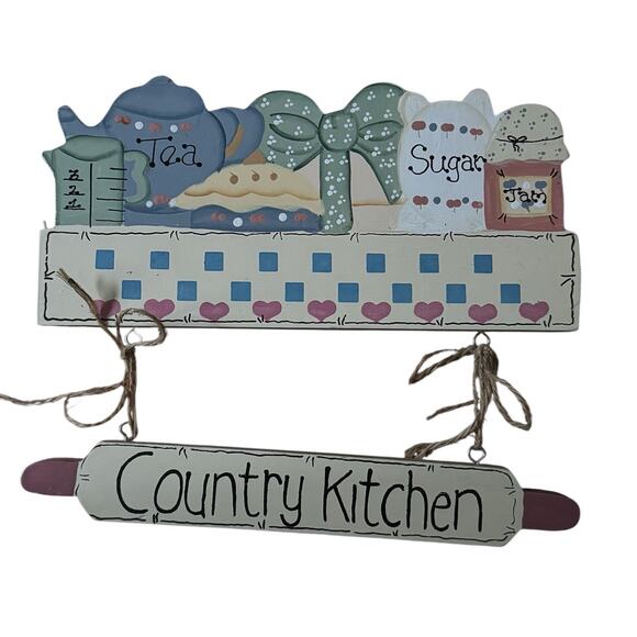 Vtg Country Kitchen Wooden Sign Retro Farmhouse Wall Plaque Sugar Tea Jam Tole - Picture 1 of 4